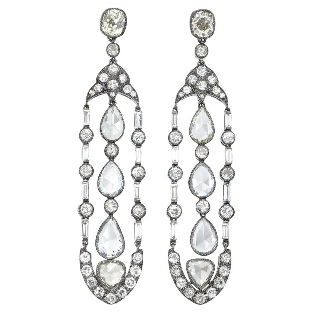 9.86 Carat Antique Style Diamond Dangling Earrings in 18K Gold