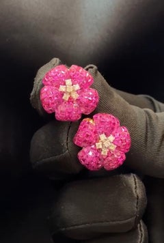 9.86 Carats Natural Diamonds Princess Shape Ruby Floral Earrings 18K Yellow Gold