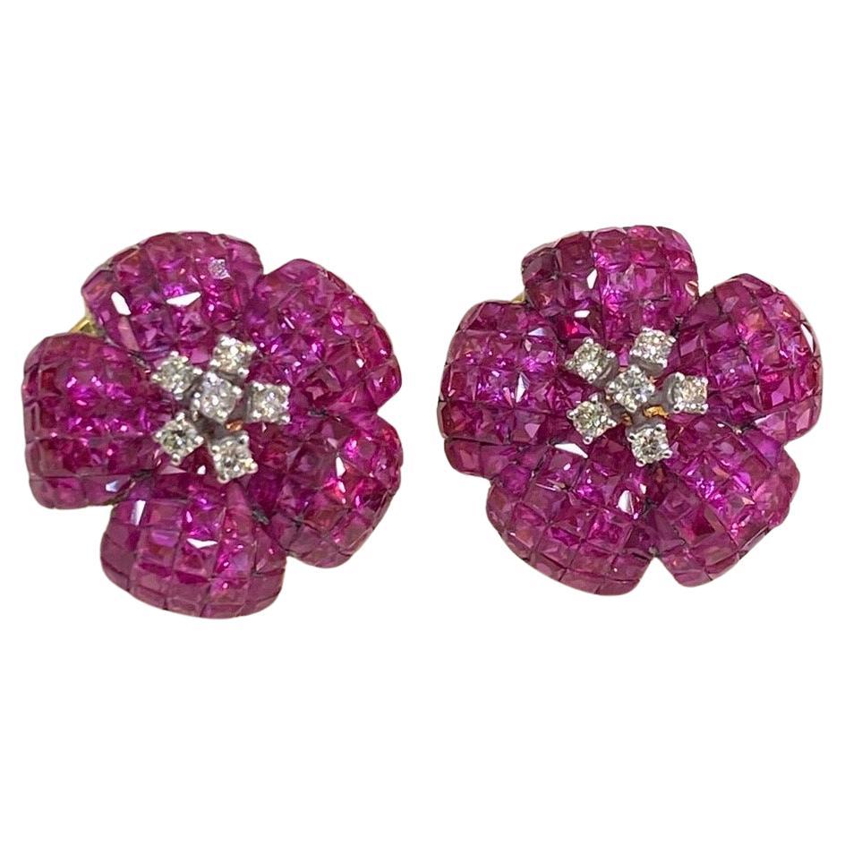 9.86 Carats Natural Diamonds Princess Shape Ruby Floral Earrings 18K Yellow Gold For Sale