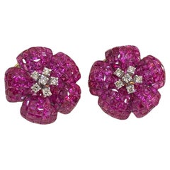 9.86 Carats Natural Diamonds Princess Shape Ruby Floral Earrings 18K Yellow Gold