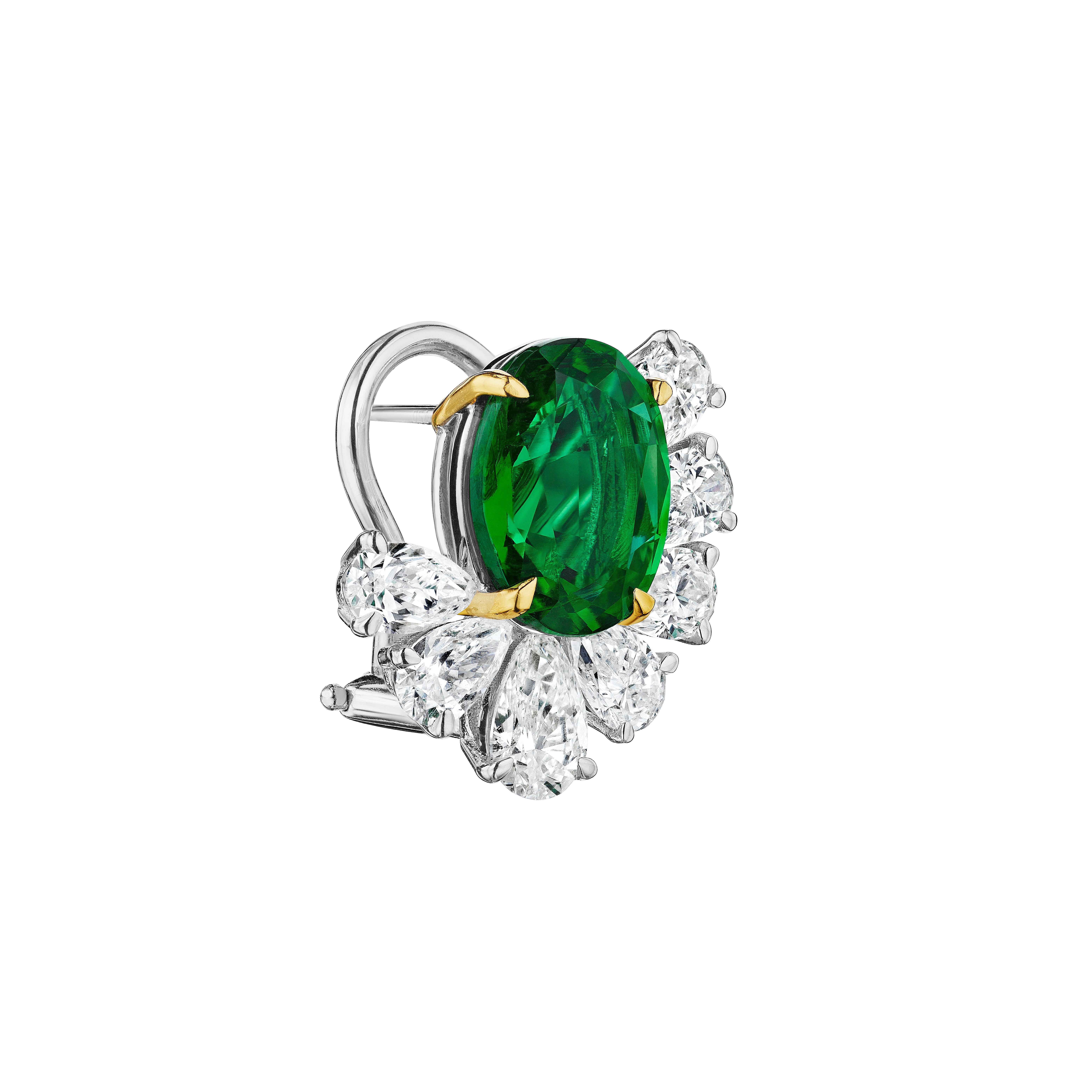 •	18KT Two Tone
•	9.86 carats
•	Sold as a pair

•	Number of Oval Emeralds: 2
•	Carat Weight: 6.20ctw
•	Color: Vivid Green
•	Certificate: CDC: 17065571

•	Number of Pear Shape Diamonds: 14
•	Carat Weight: 3.66ctw

•	This pair of earrings features a