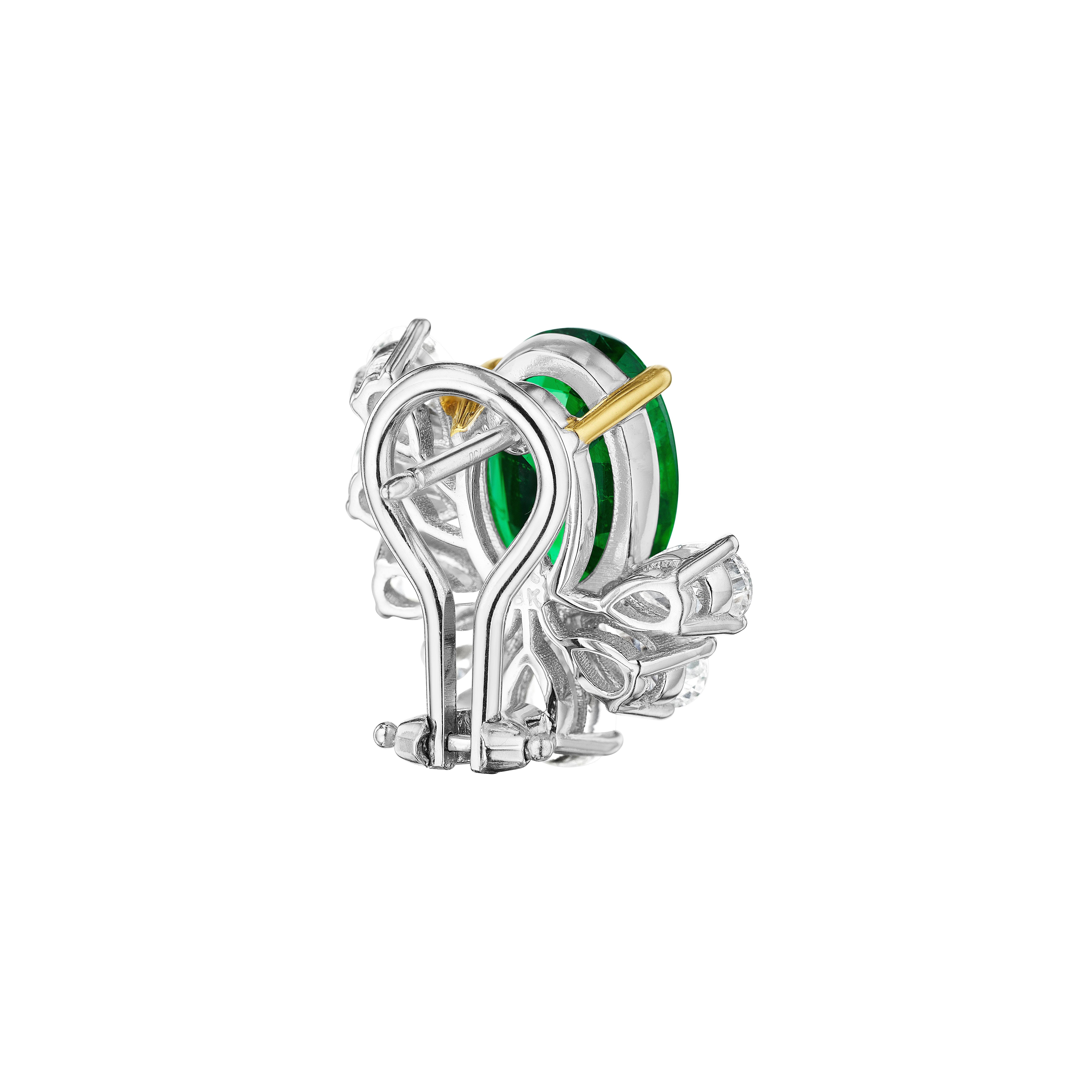 Modern 9.86ct Natural Zambian Oval Emerald & Pear Shape Diamond Earrings in 18KT Gold For Sale