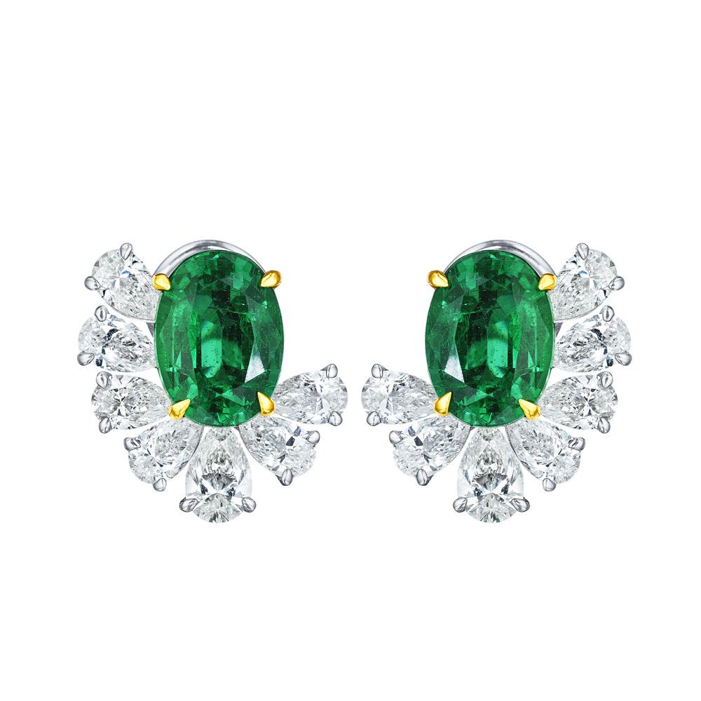 Oval Cut 9.86ct Natural Zambian Oval Emerald & Pear Shape Diamond Earrings in 18KT Gold For Sale