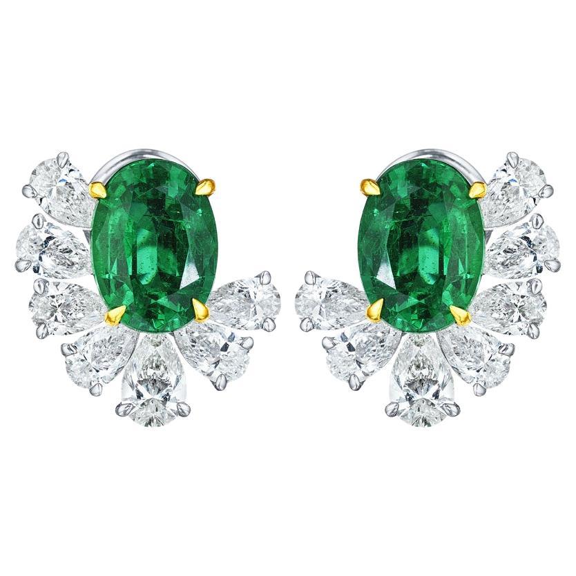 9.86ct Natural Zambian Oval Emerald & Pear Shape Diamond Earrings in 18KT Gold For Sale