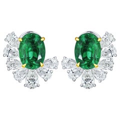9.86ct Natural Zambian Oval Emerald & Pear Shape Diamond Earrings in 18KT Gold