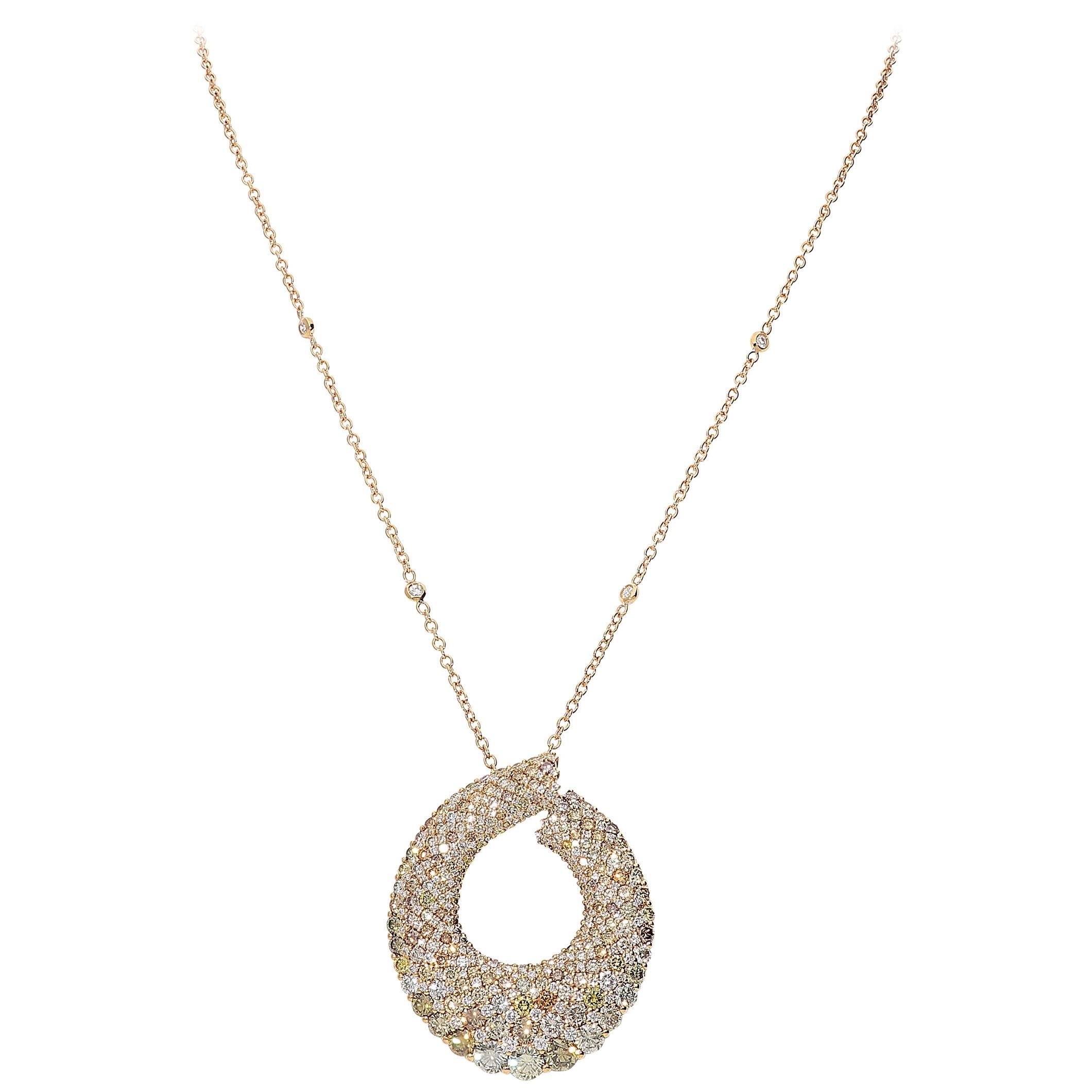 9.87 Carat Multibrown and White GSI Diamonds 18 Karat Pink Gold Pendant Necklace For Sale