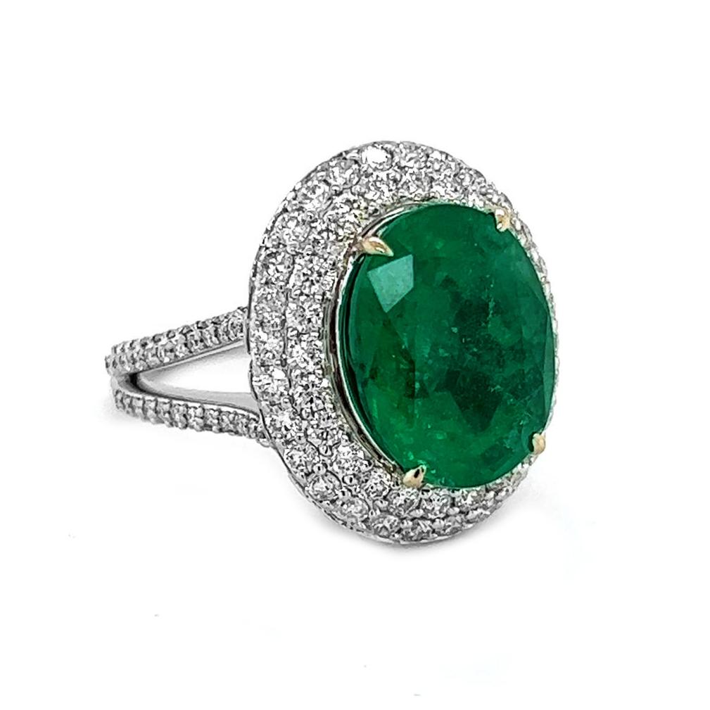 Art Deco 9.87 T.W Natural Mined Oval Emerald Diamond Halo 18KT White Gold Cocktail Ring  For Sale