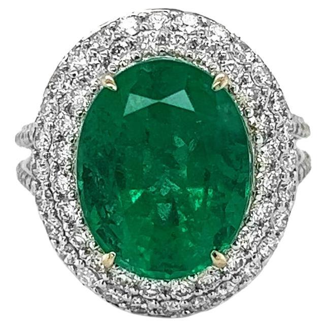 9.87 T.W Natural Mined Oval Emerald Diamond Halo 18KT White Gold Cocktail Ring 