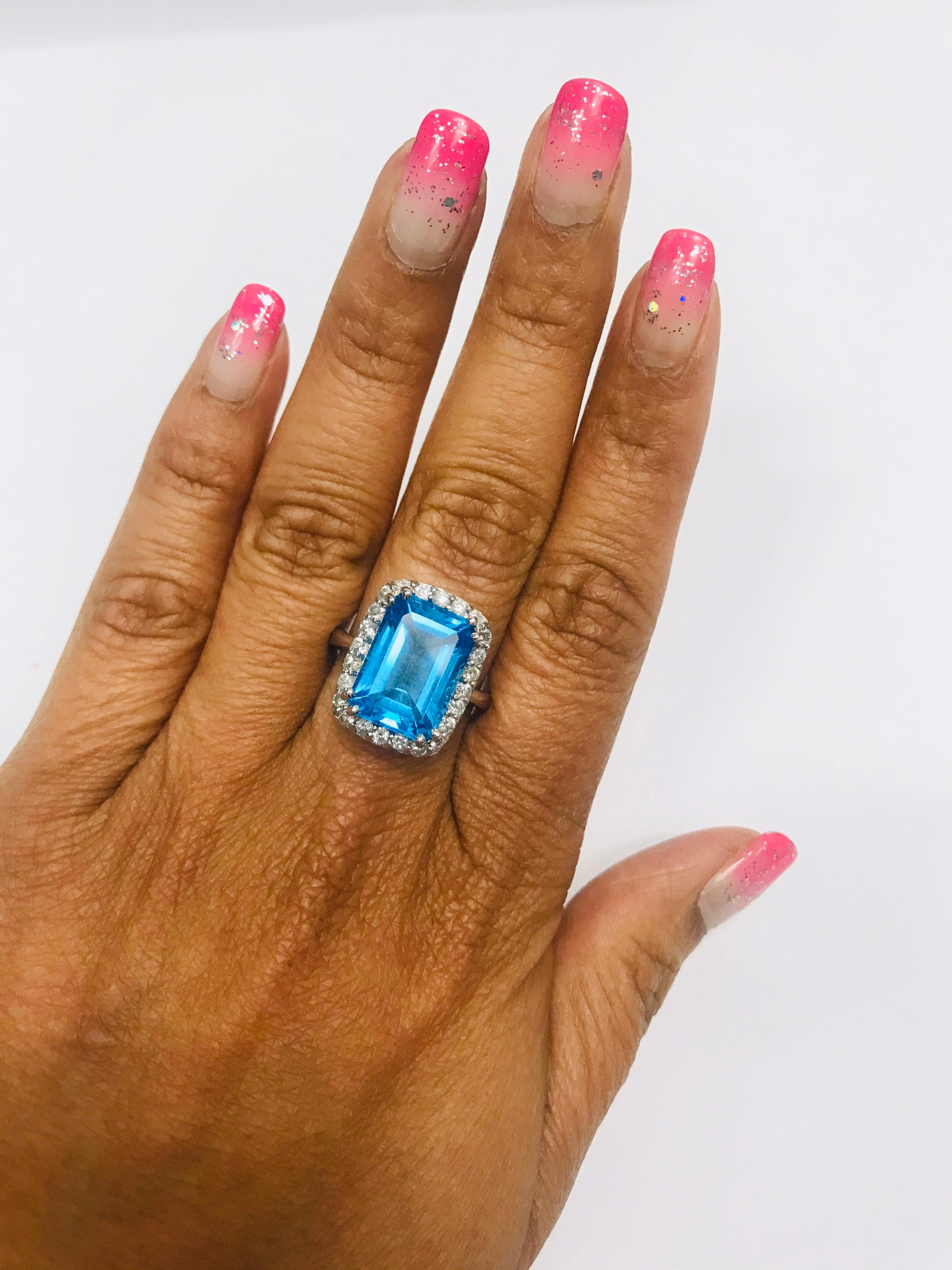 Emerald Cut 9.88 Carat Blue Topaz Diamond White Gold Cocktail Ring For Sale