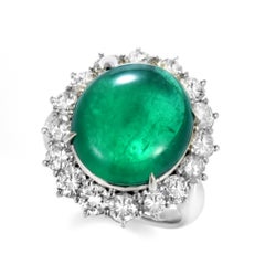 9.88 Carat Natural Colombain Emerald Cabochon and Diamond Ring Made in Platinum