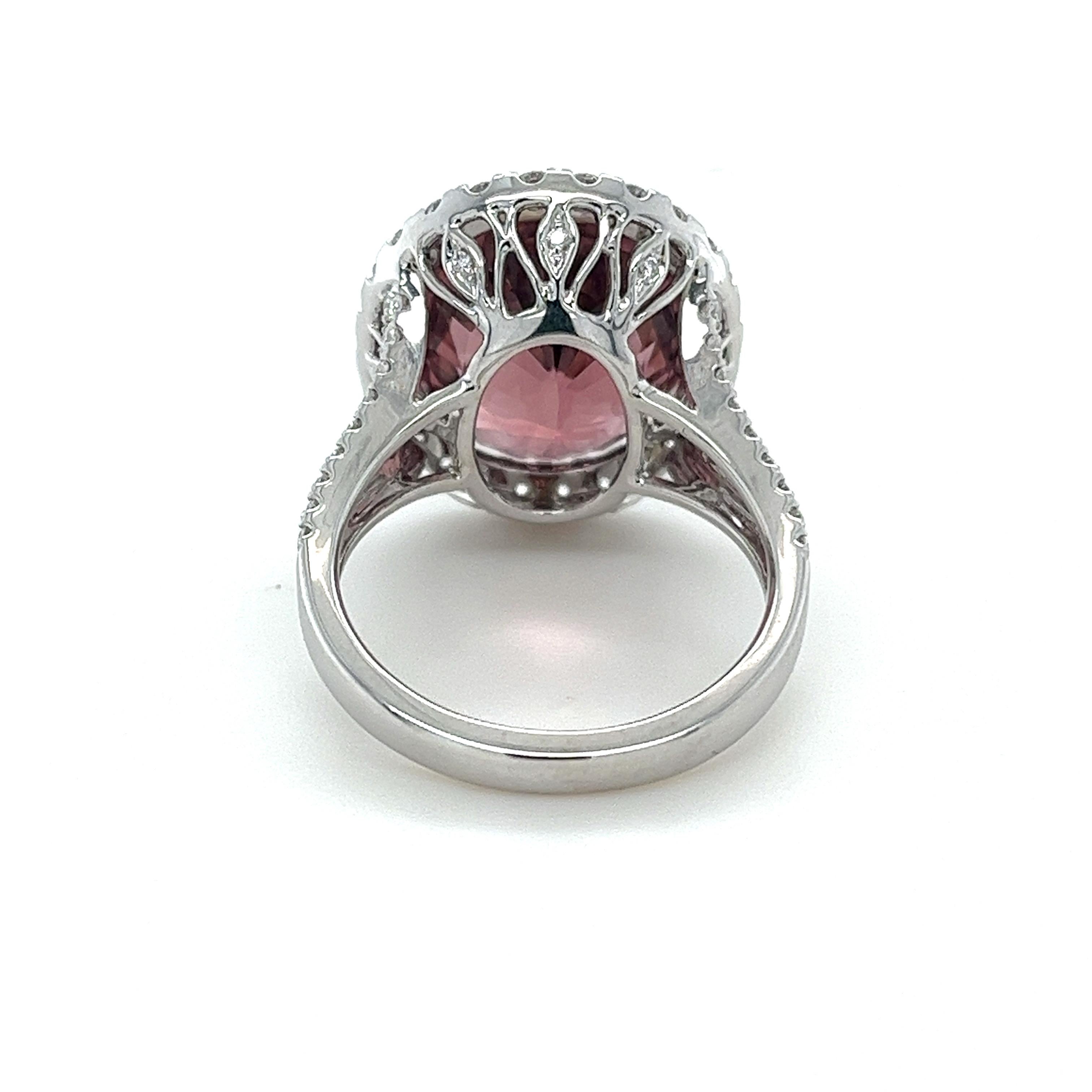 Oval Cut 9.89 Carat GIA Certified Pink Tourmaline & Diamond Ring in 18 Karat White Gold For Sale