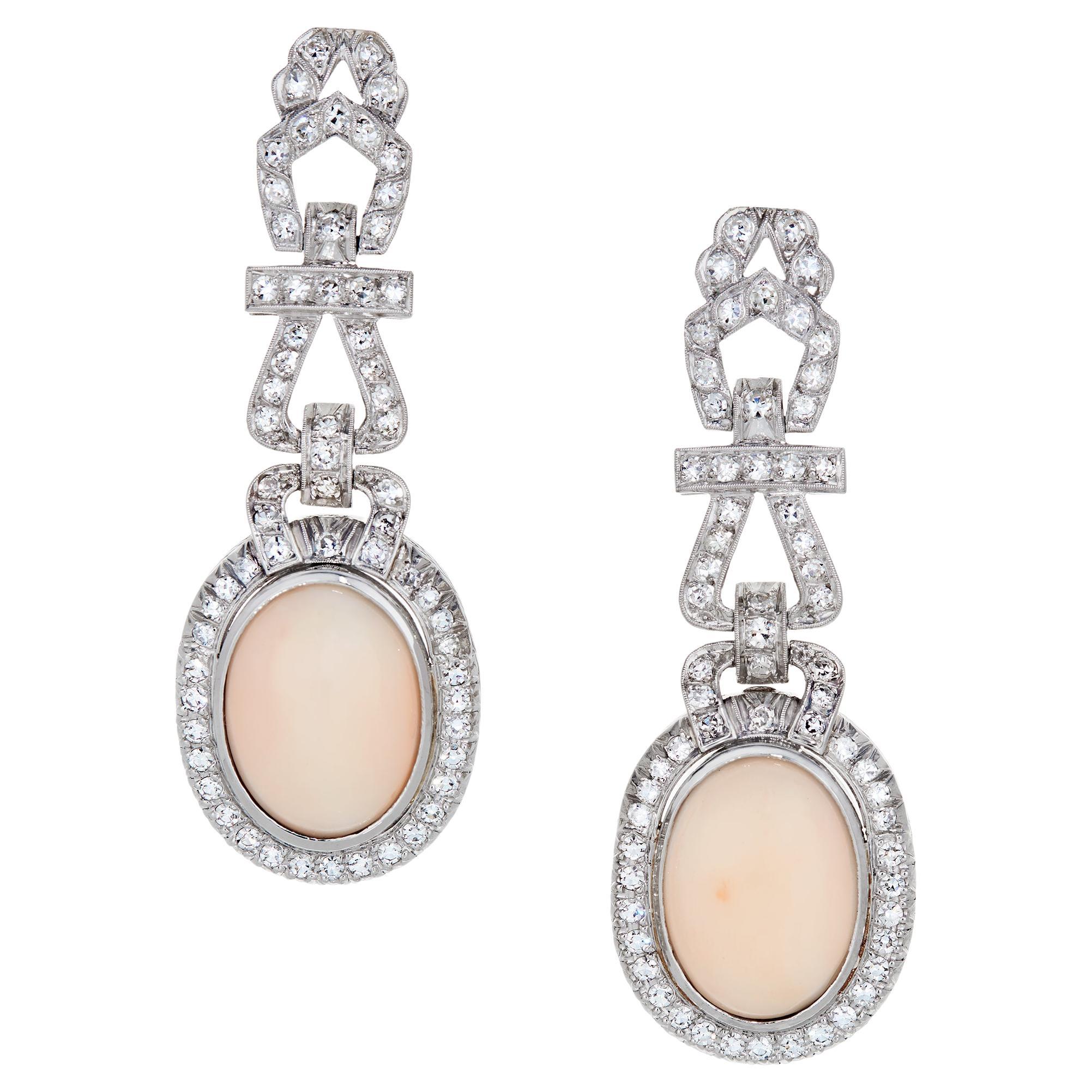 9.89 Carat Oval Shaped Angel Skin Coral and Diamond Earrings in Platinum For Sale