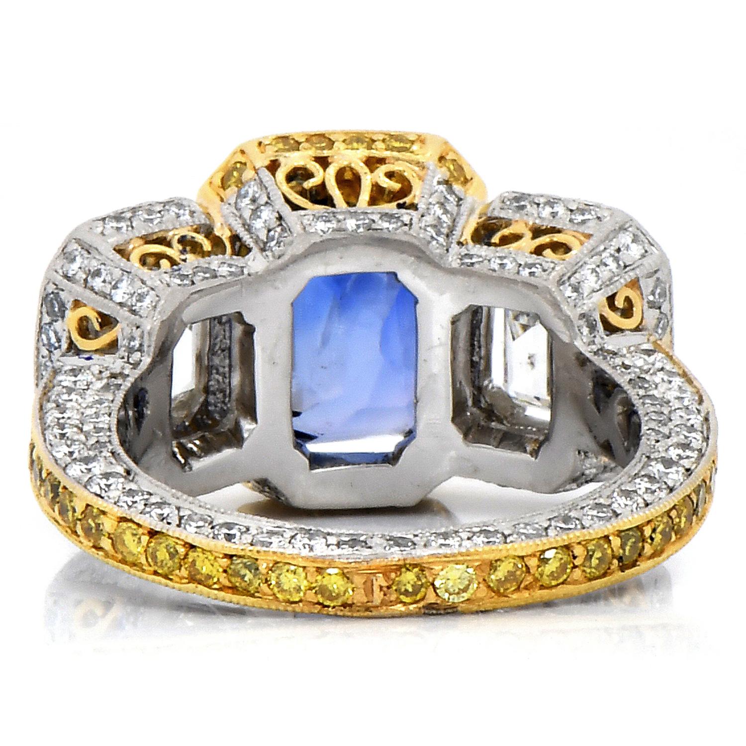 9.89 Carats No-Heat Ceylon GIA Sapphire Fancy Diamond Three Stone Platinum Ring For Sale 4