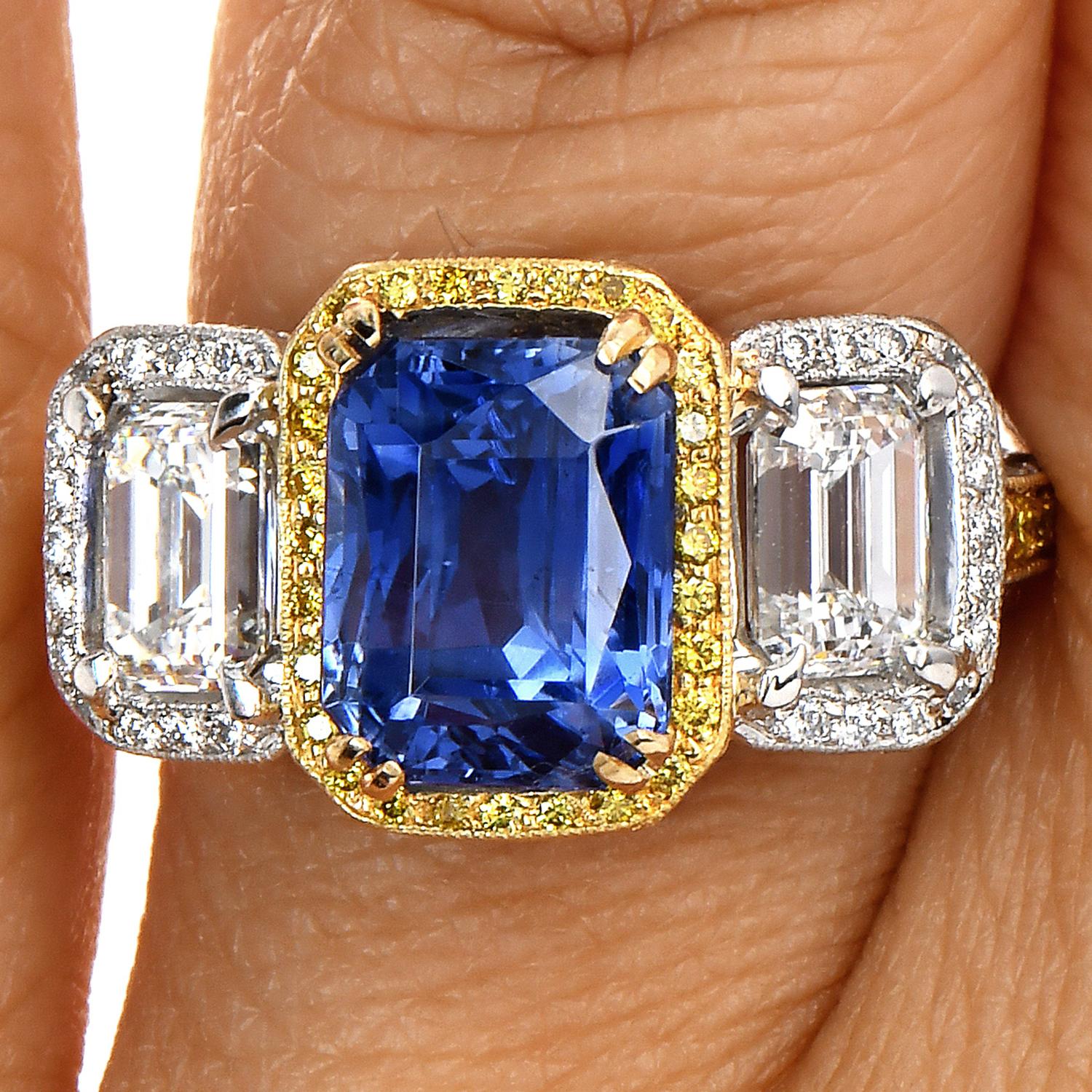 9.89 Carats No-Heat Ceylon GIA Sapphire Fancy Diamond Three Stone Platinum Ring For Sale 5
