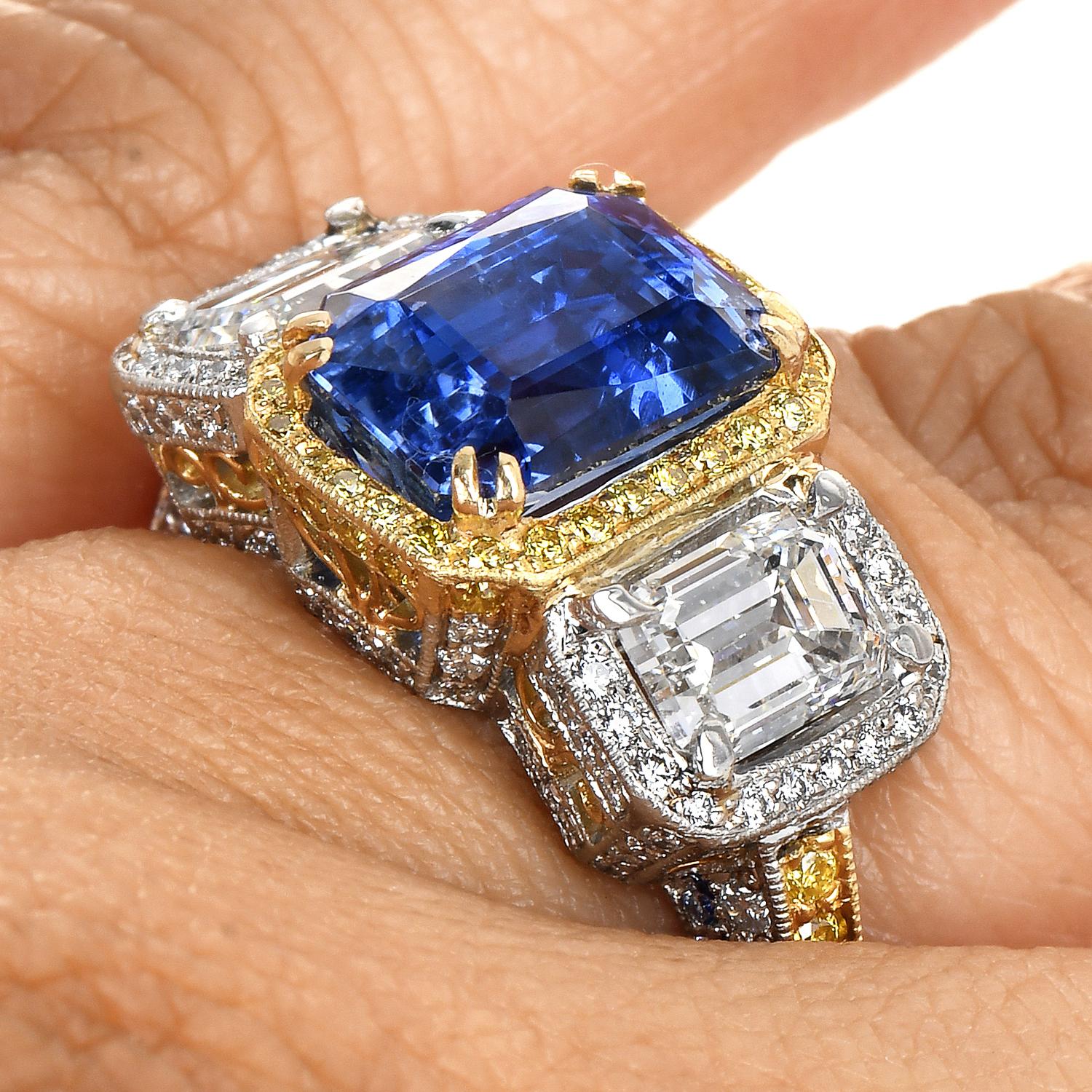 9.89 Carats No-Heat Ceylon GIA Sapphire Fancy Diamond Three Stone Platinum Ring For Sale 6