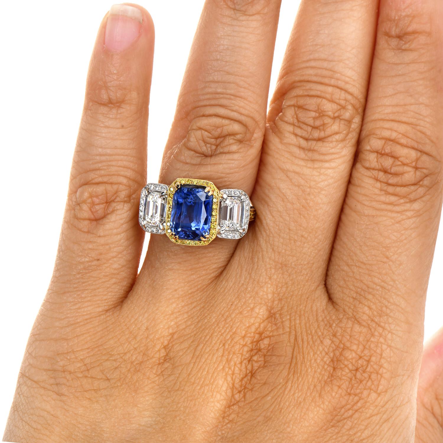 9,89 quilates Zafiro de Ceilán sin calor GIA Diamante de fantasía Anillo de platino de tres piedras Moderno en venta