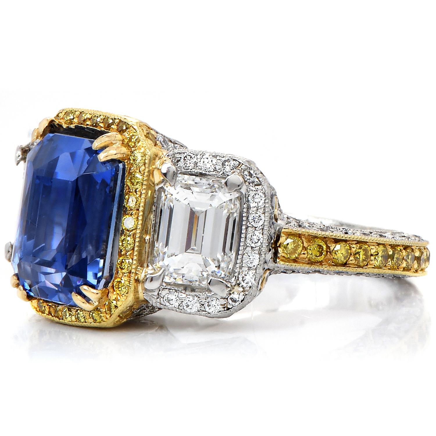 9.89 Carats No-Heat Ceylon GIA Sapphire Fancy Diamond Three Stone Platinum Ring In Excellent Condition For Sale In Miami, FL