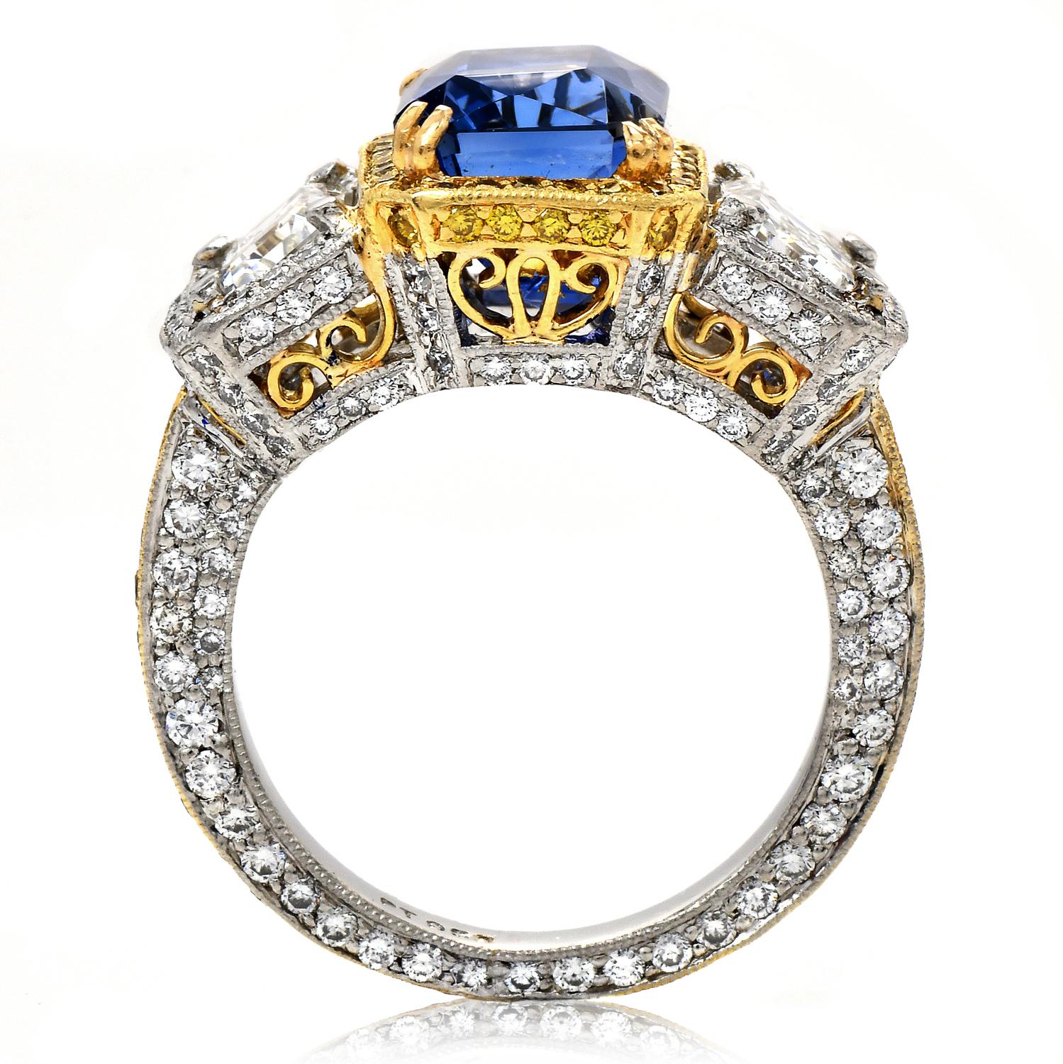9.89 Carats No-Heat Ceylon GIA Sapphire Fancy Diamond Three Stone Platinum Ring For Sale 1