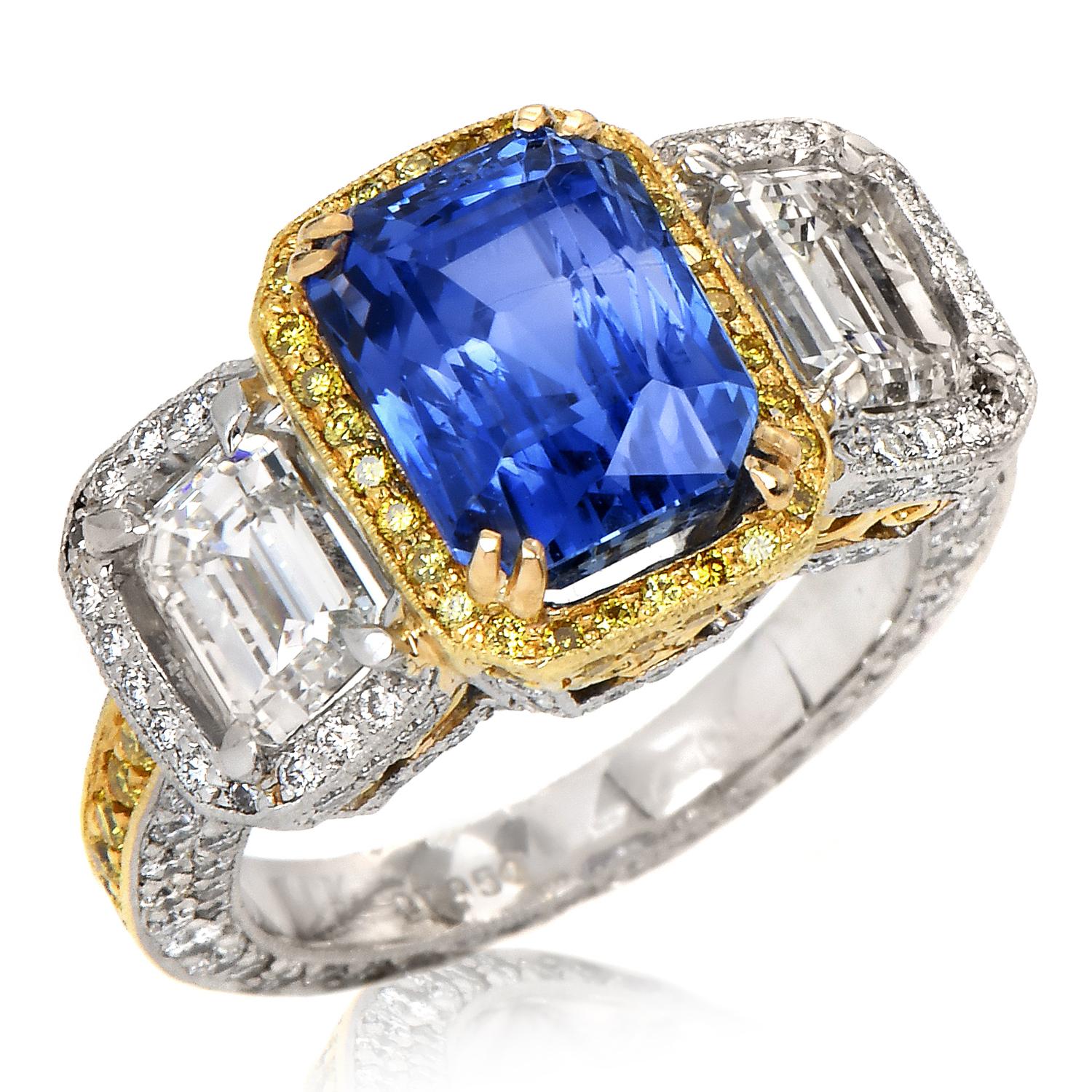 9.89 Carats No-Heat Ceylon GIA Sapphire Fancy Diamond Three Stone Platinum Ring For Sale 3