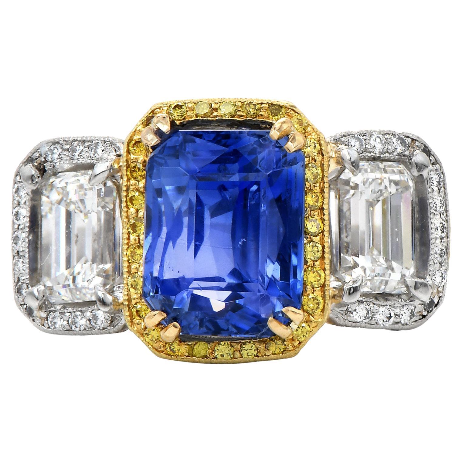 9.89 Carats No-Heat Ceylon GIA Sapphire Fancy Diamond Three Stone Platinum Ring For Sale