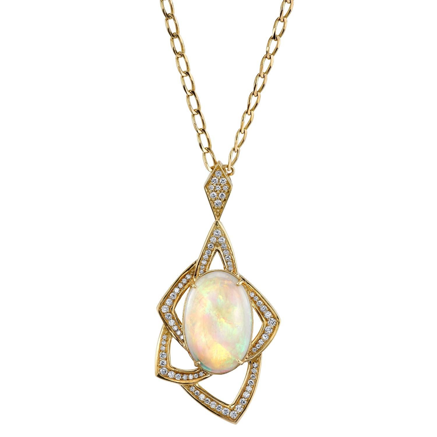 This striking pendant features a colorful 9.89 carat Australian opal set with round brilliant cut diamonds in a unique, Retro-style design. The opal is translucent with bright patches of green, yellow and red, which makes this pendant truly