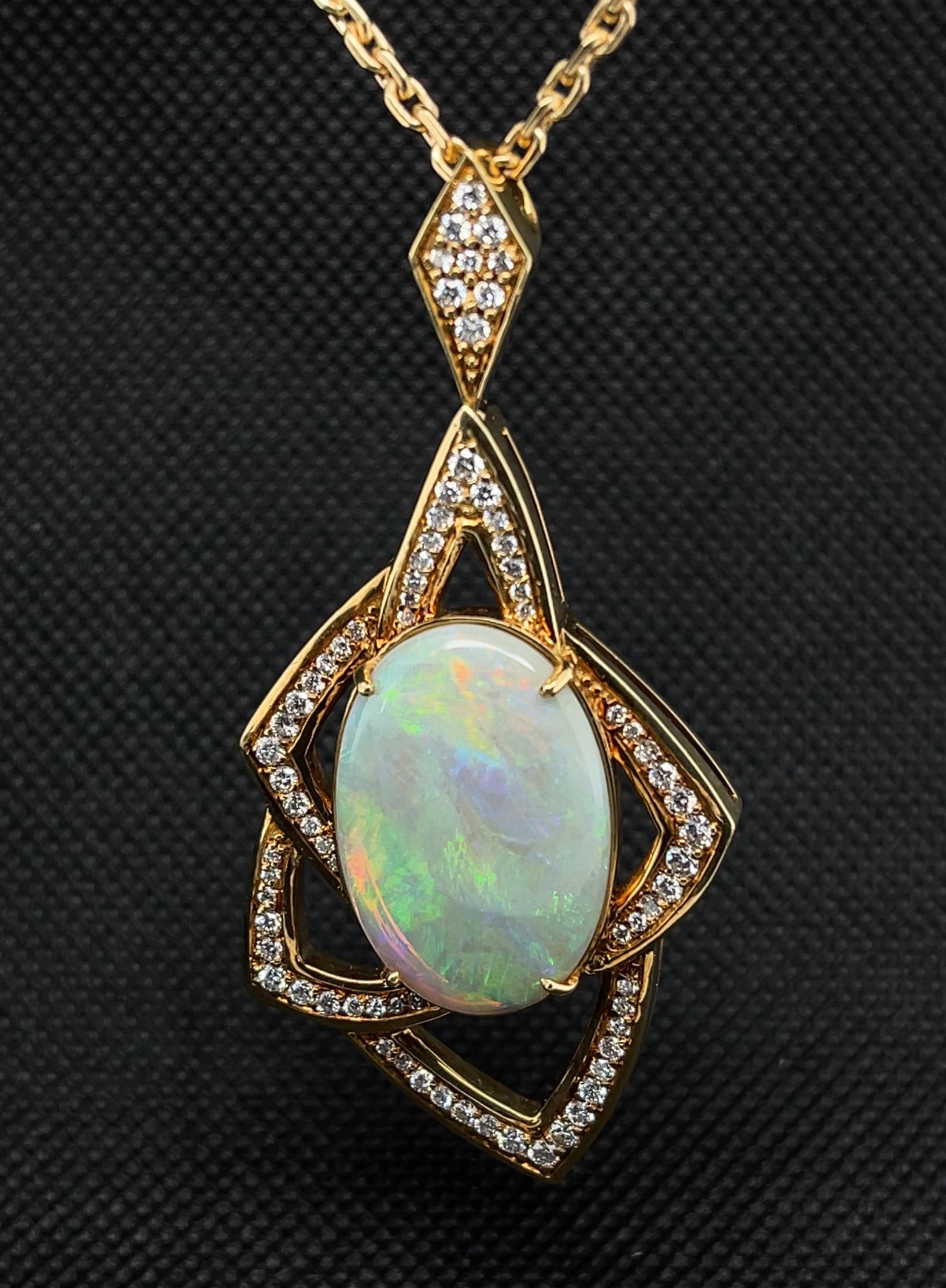 Women's 9.89 ct. Australian Opal and Diamond Geometric Pendant with Chain For Sale