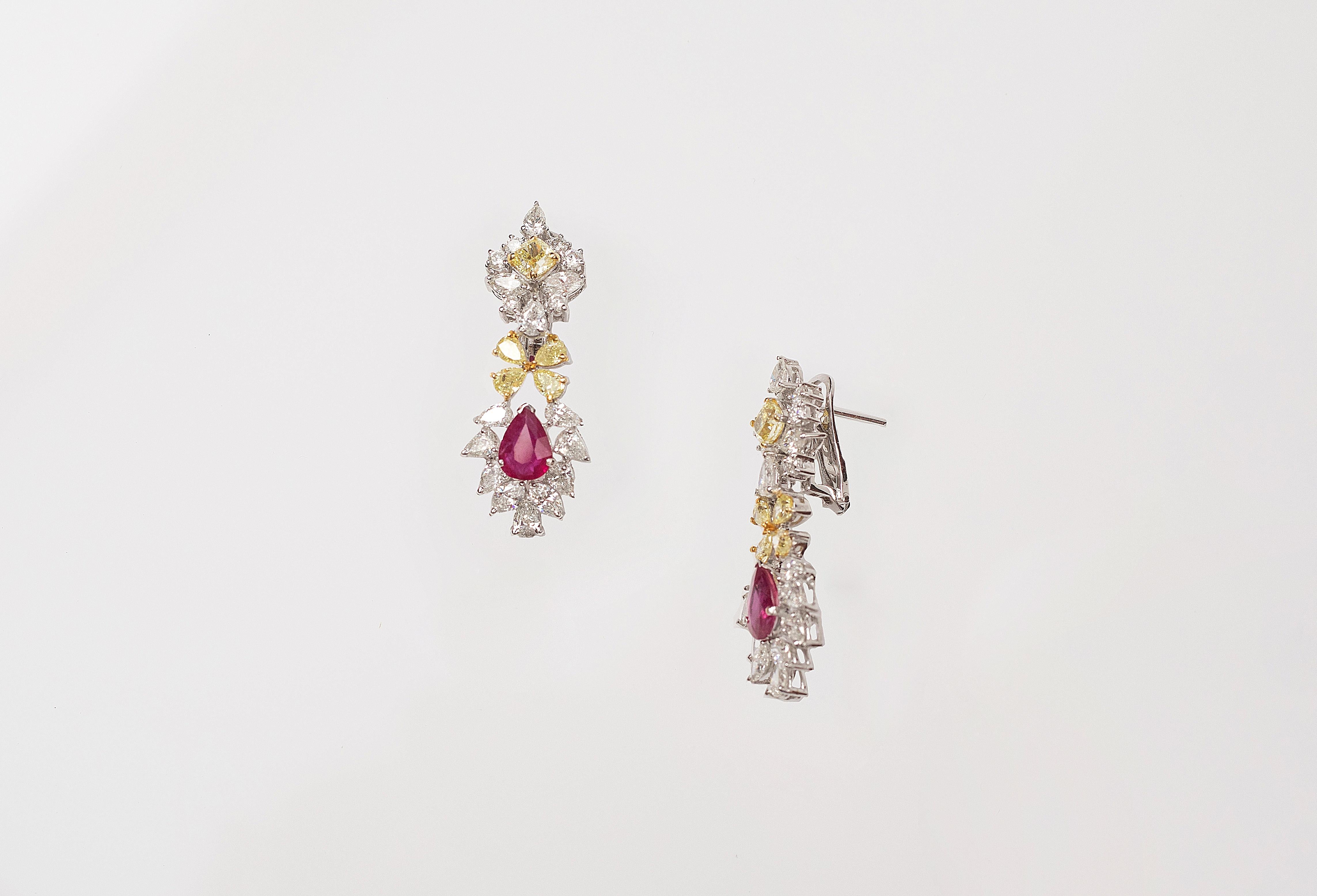 Modern 9.89 cts Fancy Yellow and White Diamonds and Natural Ruby Earrings in 18K Gold For Sale