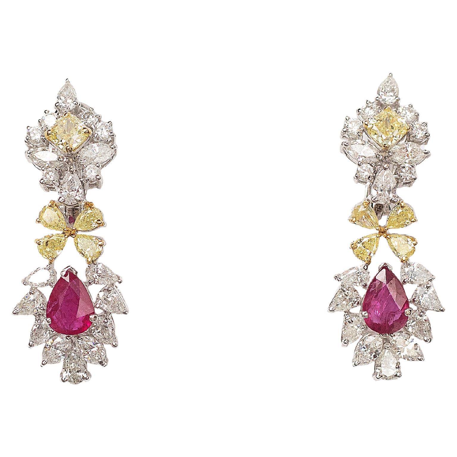 9.89 cts Fancy Yellow and White Diamonds and Natural Ruby Earrings in 18K Gold For Sale