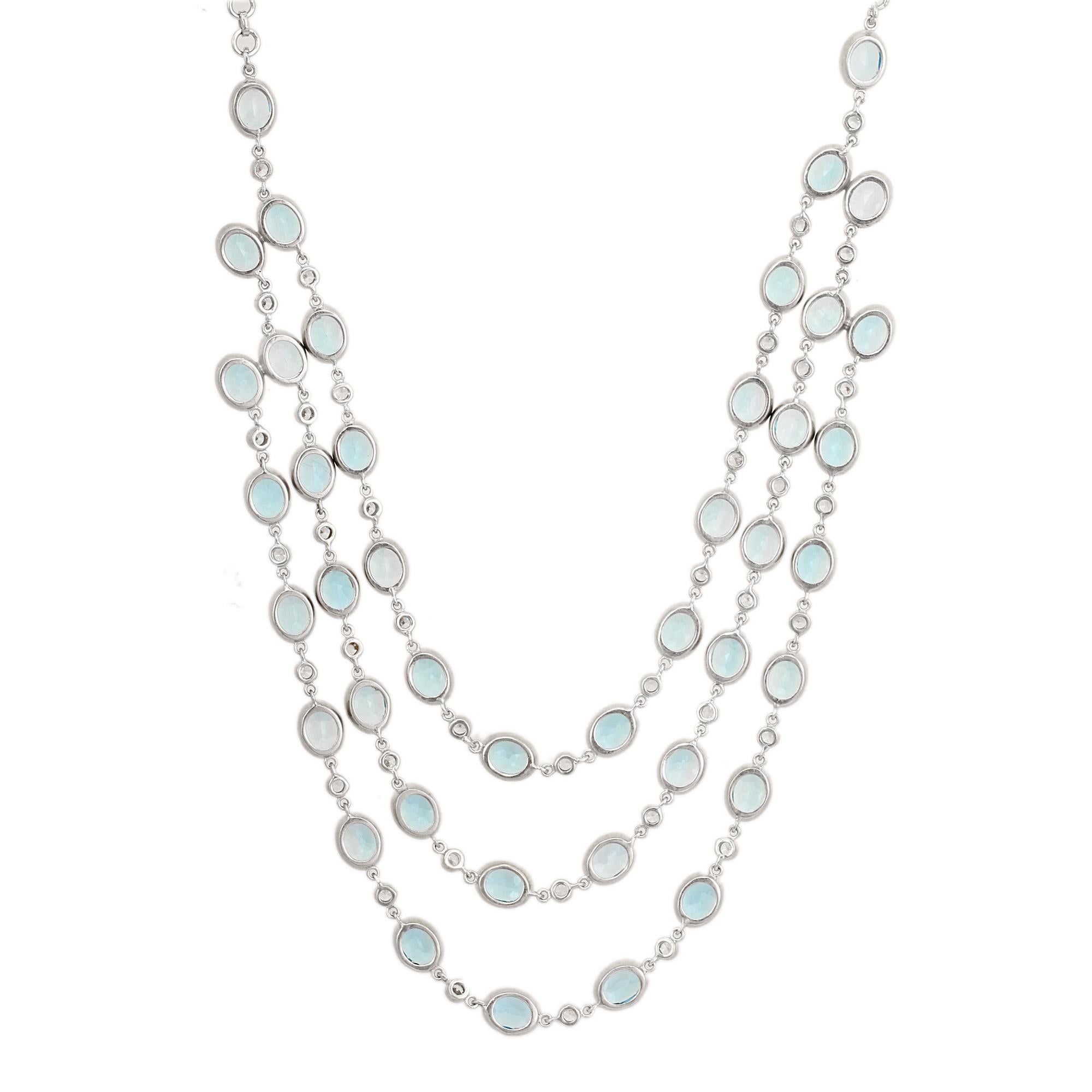 Moderniste 98.94 Carat Blue Topaz & Zircon Three Strand Opera Length Necklace in 925 Silver en vente