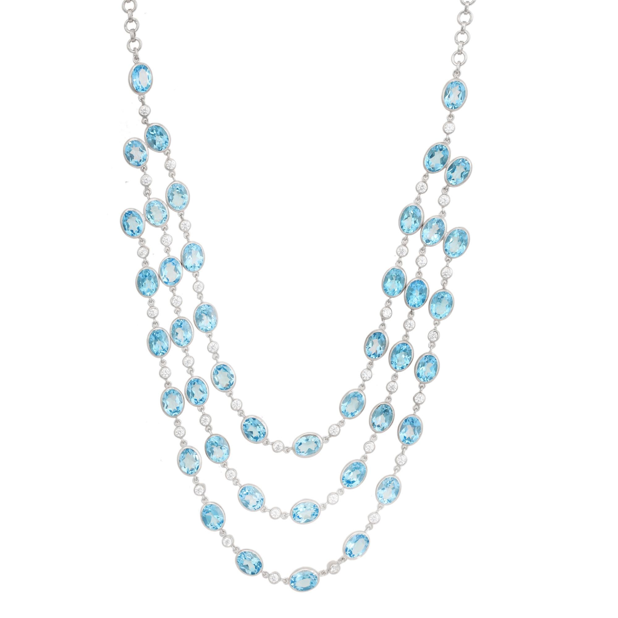 98.94 Carat Blue Topaz & Zircon Three Strand Opera Length Necklace in 925 Silver Neuf - En vente à New York, NY