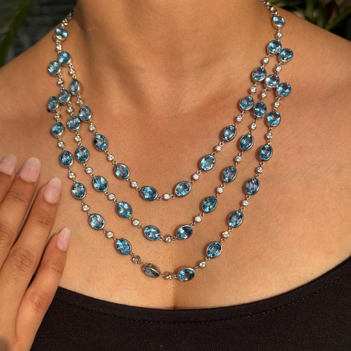98.94 Carat Blue Topaz & Zircon Three Strand Opera Length Necklace in 925 Silver Pour femmes en vente