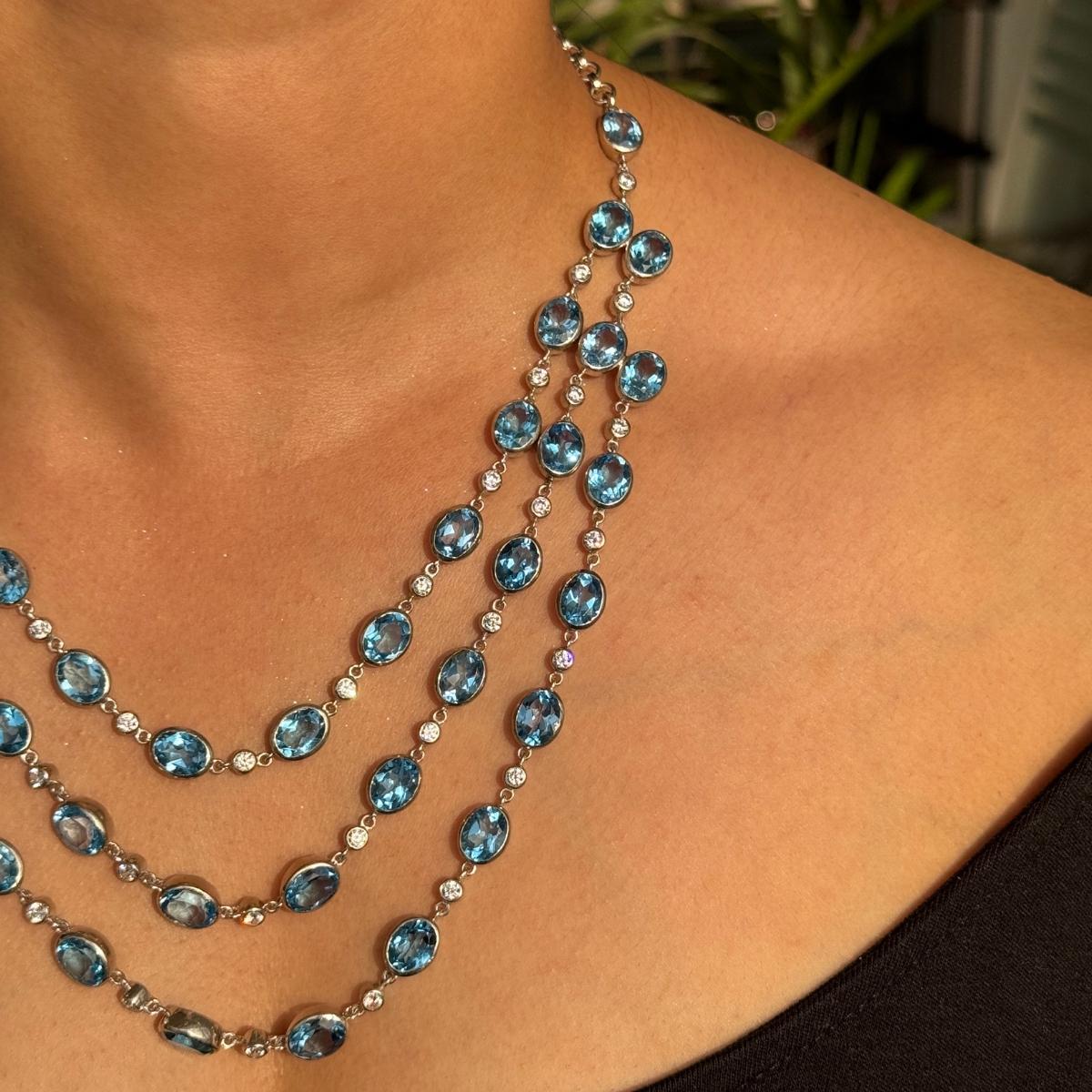 98.94 Carat Blue Topaz & Zircon Three Strand Opera Length Necklace in 925 Silver en vente 2