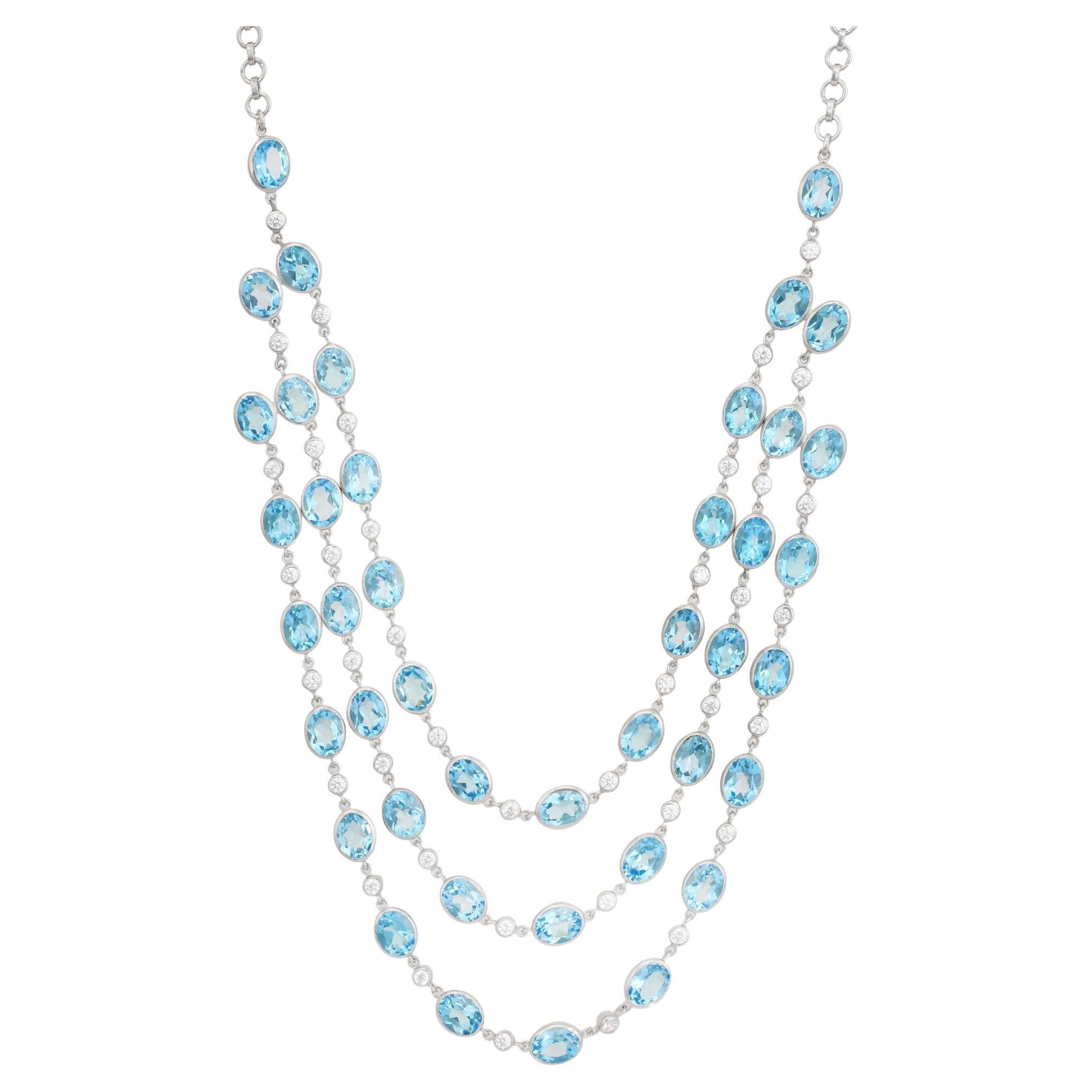 98.94 Carat Blue Topaz & Zircon Three Strand Opera Length Necklace in 925 Silver