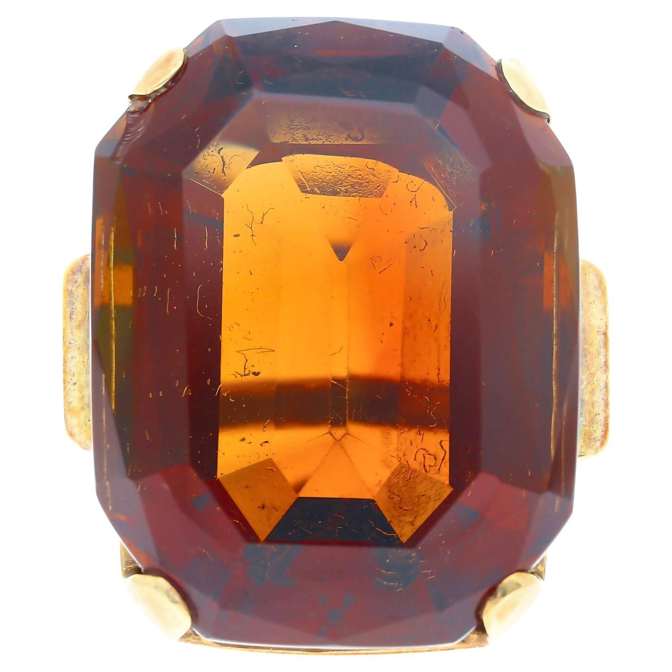 Anello retrò in oro giallo 14K con citrino taglio smeraldo da 98,96 carati in vendita