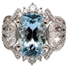 9.8ct Aqaumarine Ring w Earth Mined Diamonds in Solid 14K Gold Cushion 13x9mm