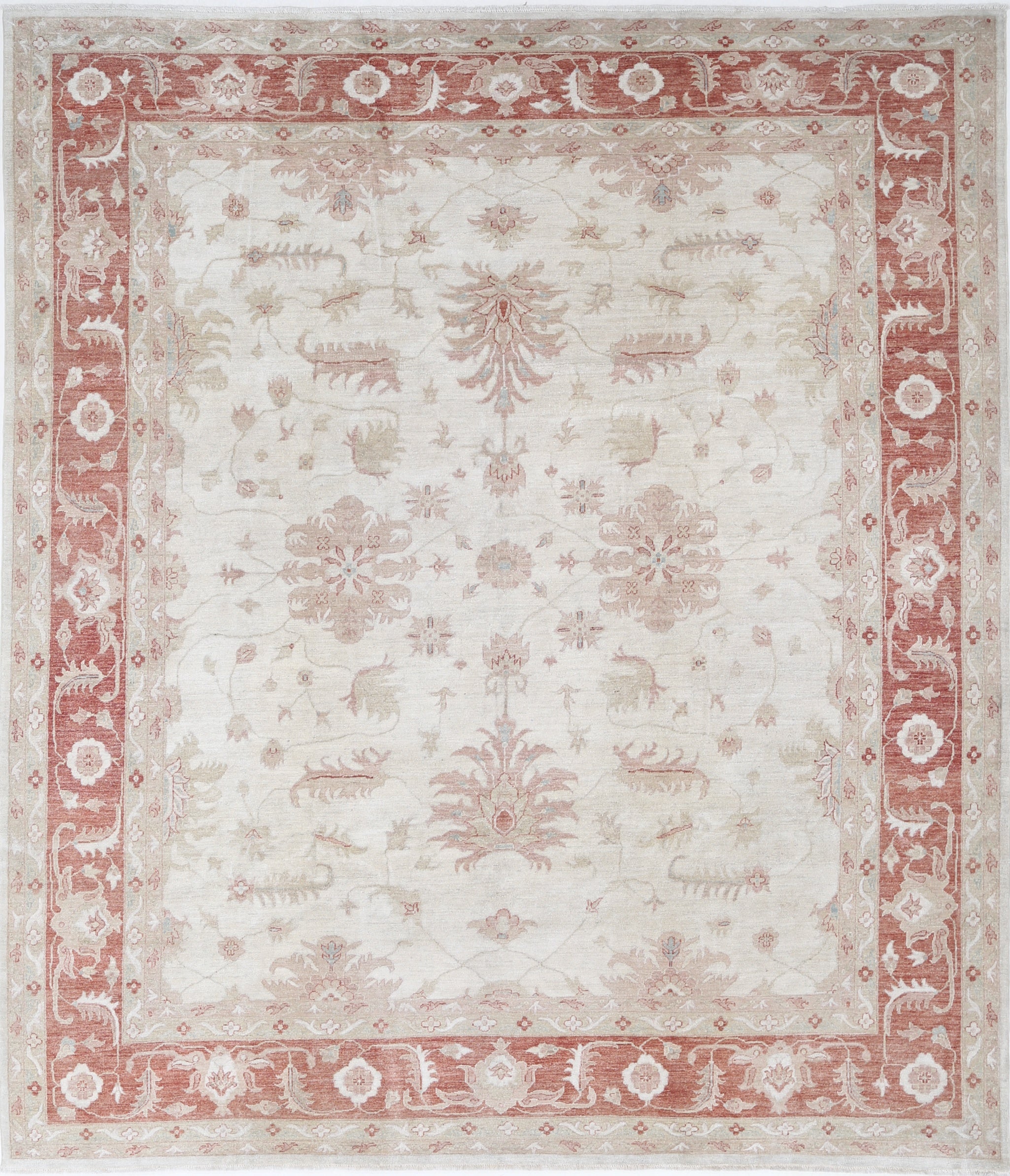 9.8x11.2 ft Hand Knotted Floral Large Area Rug mit Elfenbein Feld und roten Rand