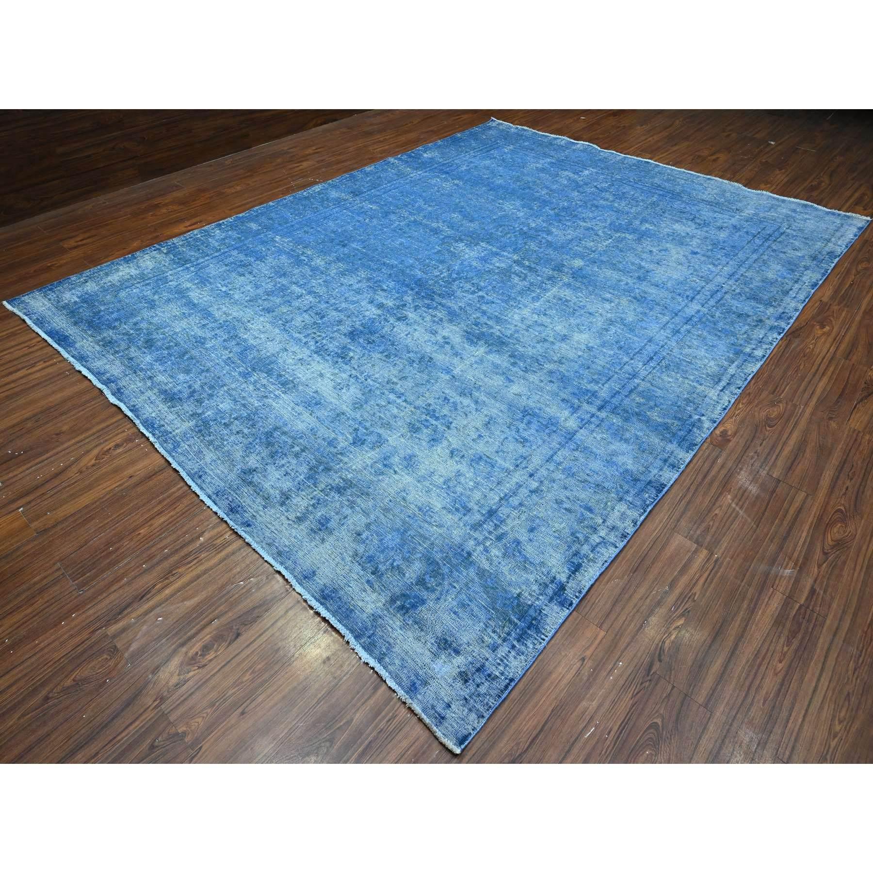 Médiéval Tapis persan Kerman bleu noué à la main et à poils usés 9'8