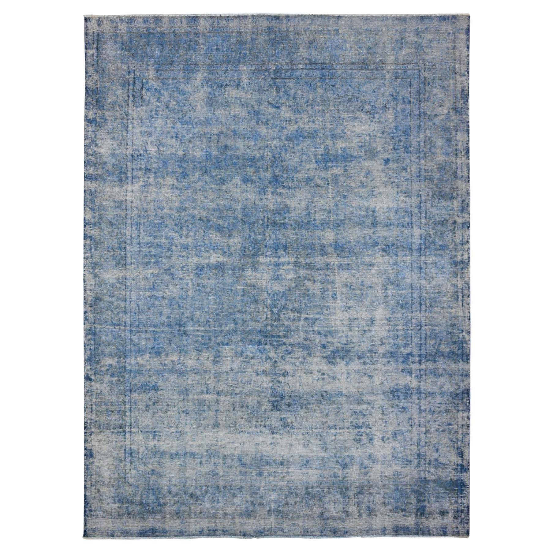 9'8 "x12'10" Azul Anudada a Mano Pelo Desgastado Lana Pura Alfombra Persa Vintage Kerman