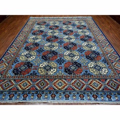 9'8"x12'4" Blue Hand Knotted Afghan Ersari with Geometric Design Afghan Wool Rug