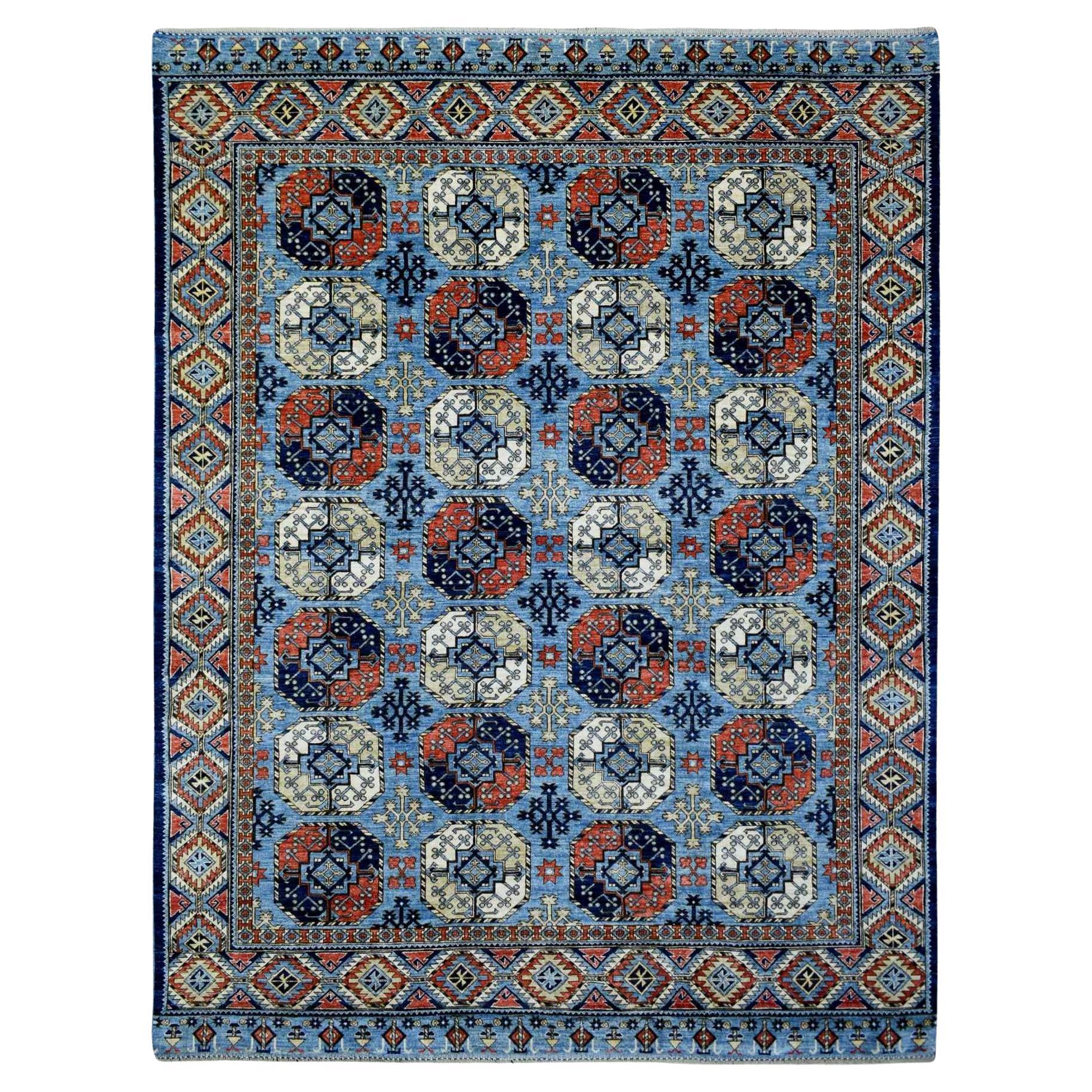 9'8"x12'4" Blue Hand Knotted Afghan Ersari with Geometric Design Afghan Wool Rug