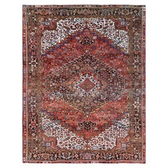 9'8"x12'4" Crimson Red Vintage Persian Heriz Hand Knotted Pure Wool Oriental Rug