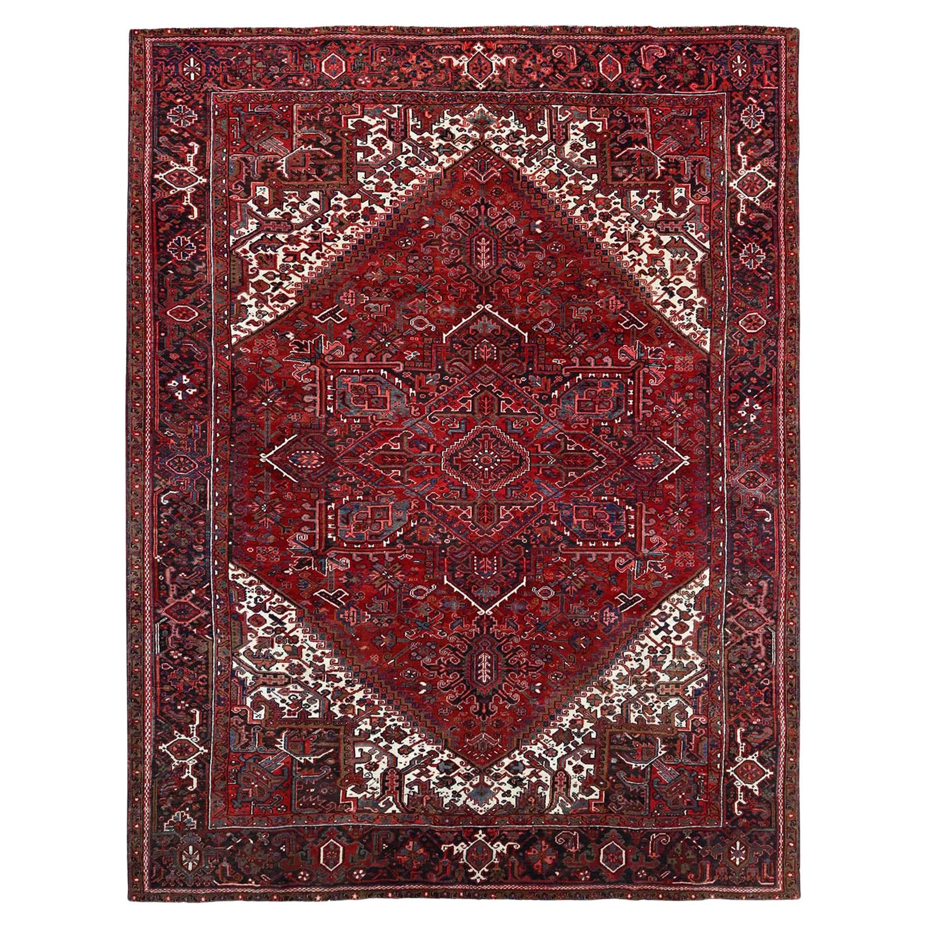9'8 "x12'4" Rojo Escarlata Persa Heriz Lana Anudada a Mano Alfombra Oriental Incluso Desgastada