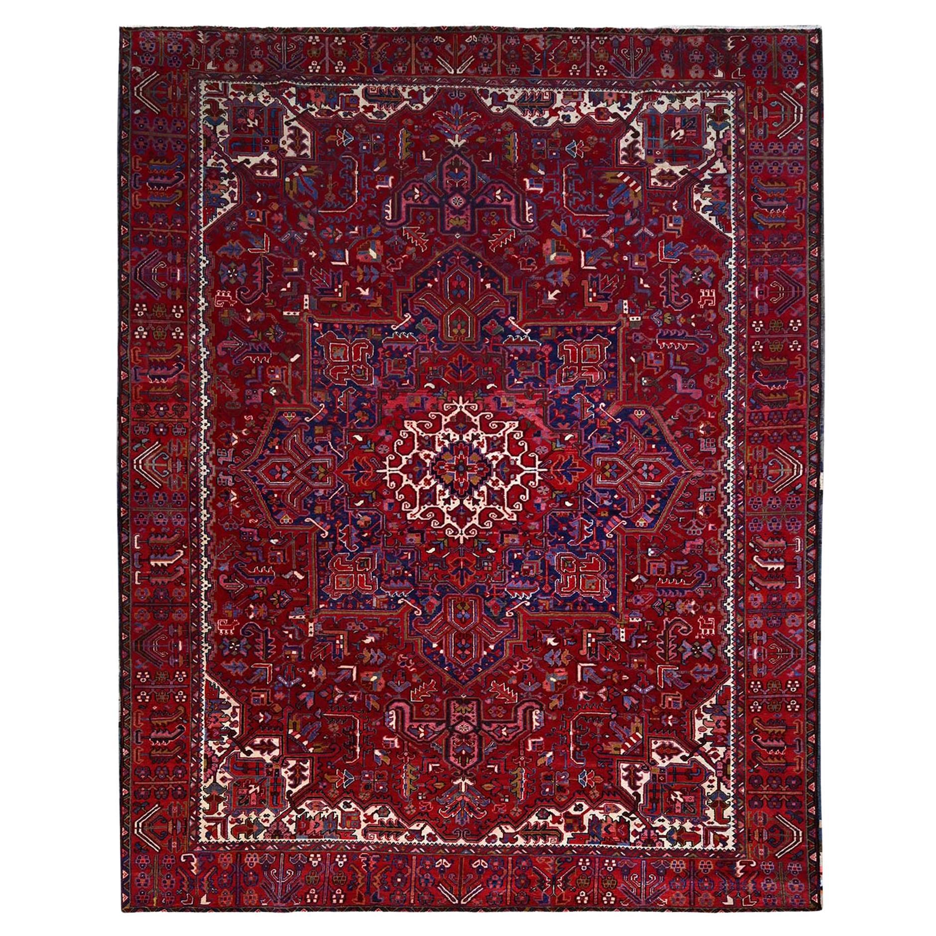 9'8 "x12'7" Alfombra Roja Vintage Persa Heriz Anudada a Mano de Pura Lana Desgastada Limpia