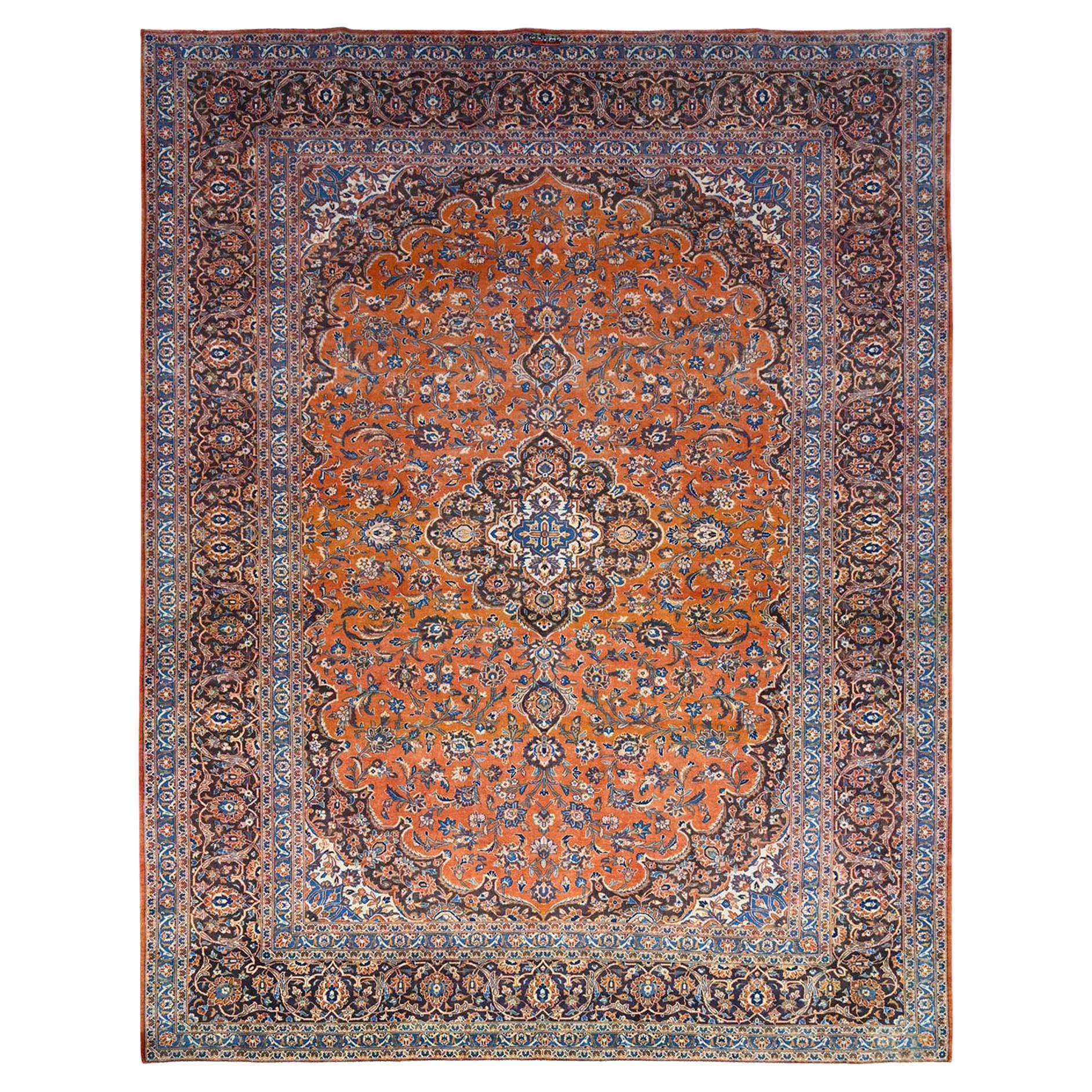 9'8"x12'8" Red Hand Knotted Soft Wool Natural Dyes Vintage Persian Kashan Rug