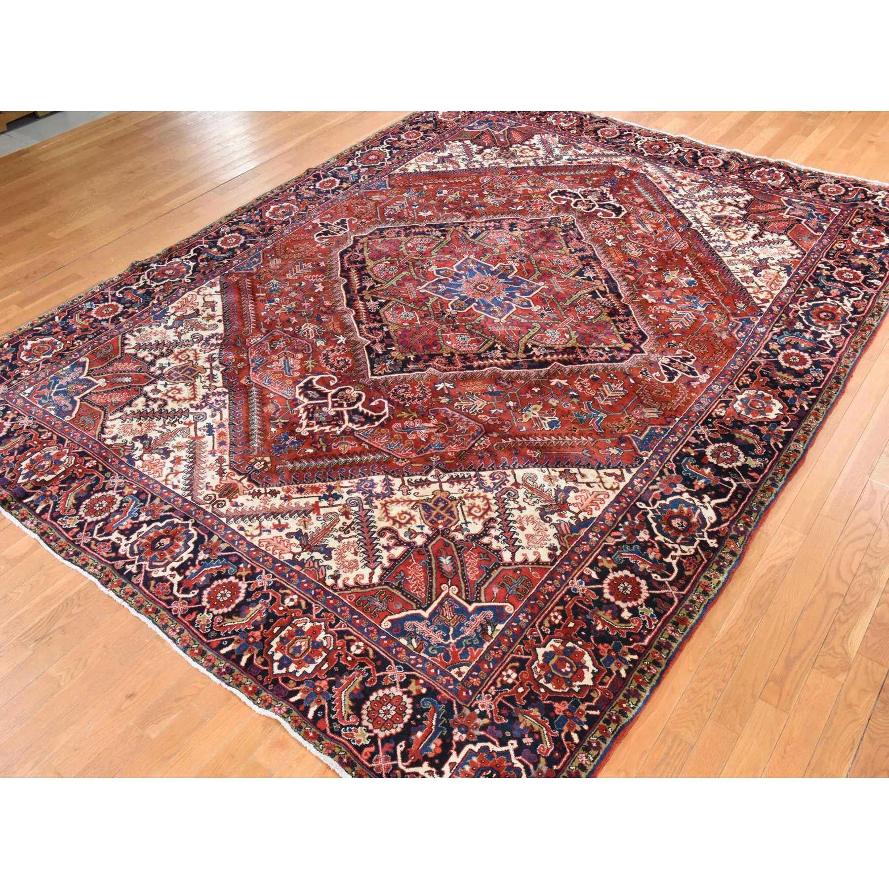 Alfombra de Lana Anudada a Mano Heriz Persa Semi Antigua Rojo Tomate 9'8 