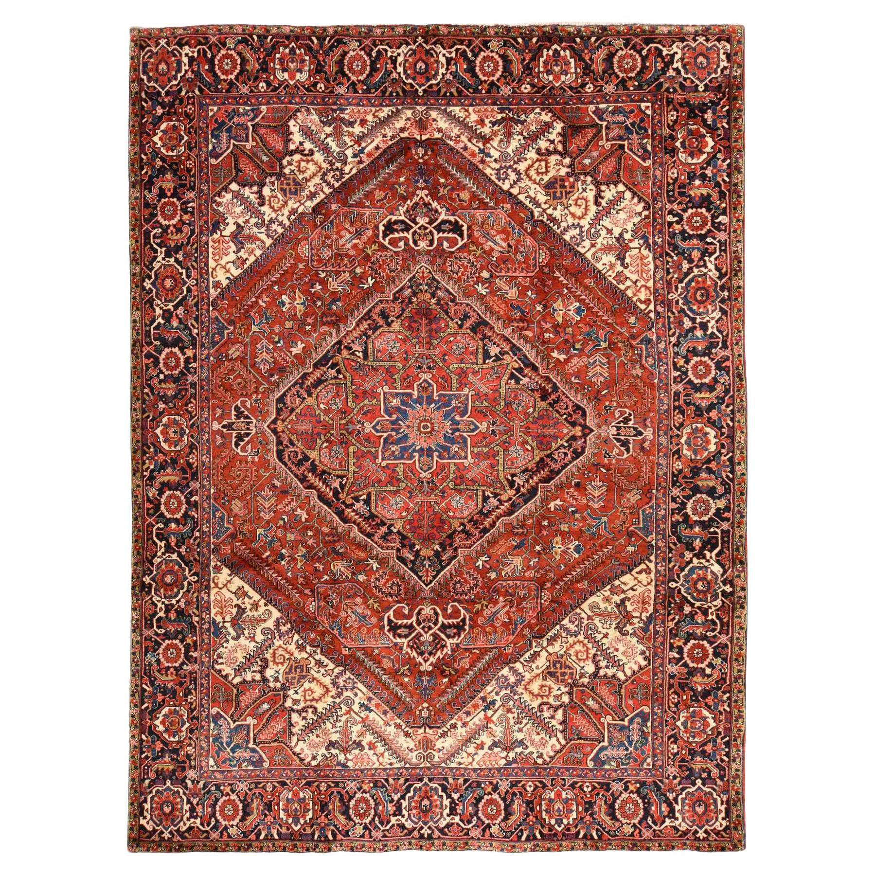 9'8"x13' Tomato Red Semi Antique Persian Heriz Even Wear Hand Knotted Wool Rug