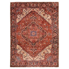 9'8"x13' Tomato Red Semi Antique Persian Heriz Even Wear Hand Knotted Wool Rug