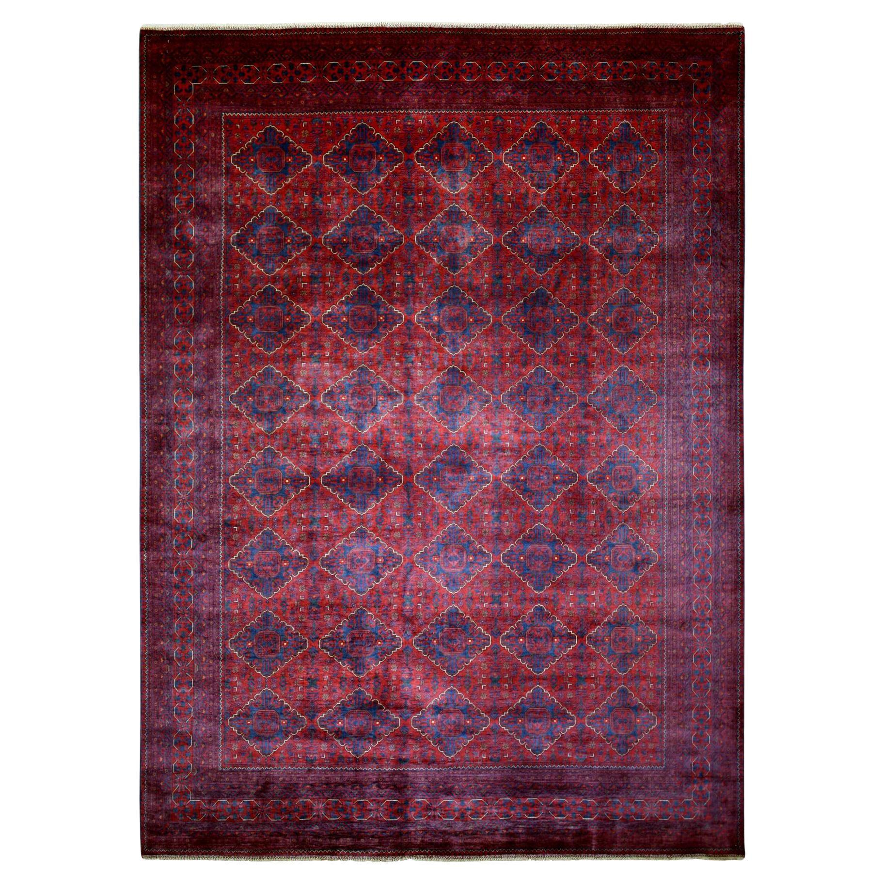 9'8 "x13'1" Tappeto in lana vellutata afgana Knots Rugs rosso intenso e saturo annodato a mano in vendita