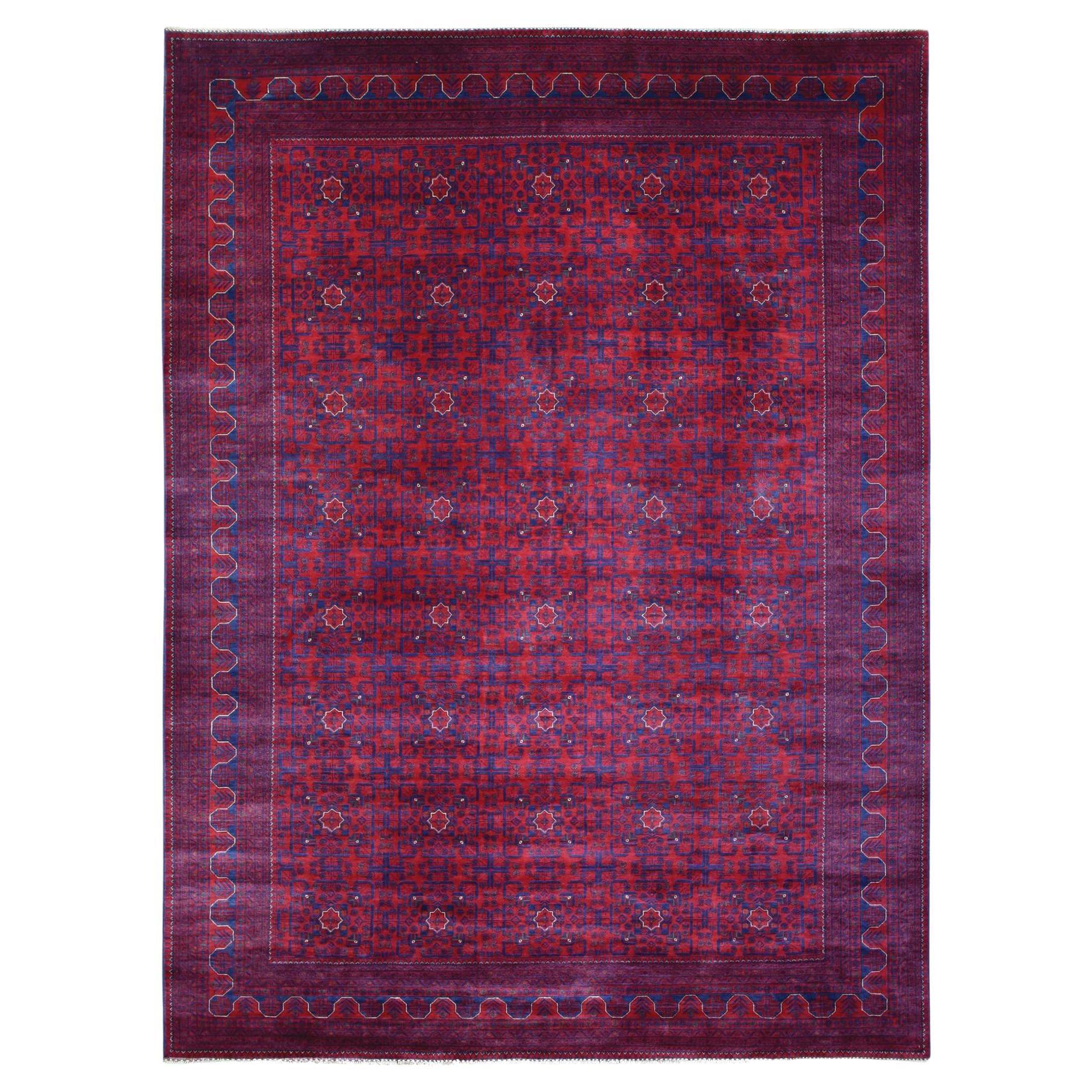 9'8"x13'1" Red Hand Knotted Tribal Design, Soft Wool Afghan Khamyab Oriental Rug