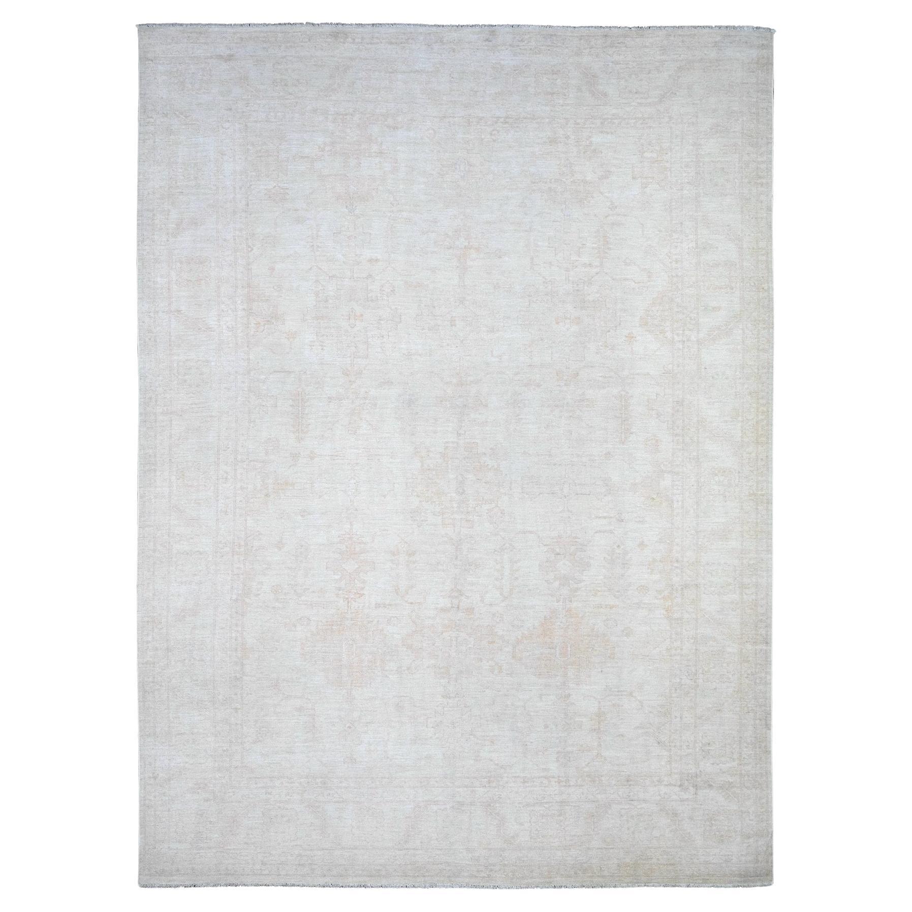 9'8"x13'1" Shoreline Gray Hand Knotted Soft Wool White Wash Peshawar Rug For Sale